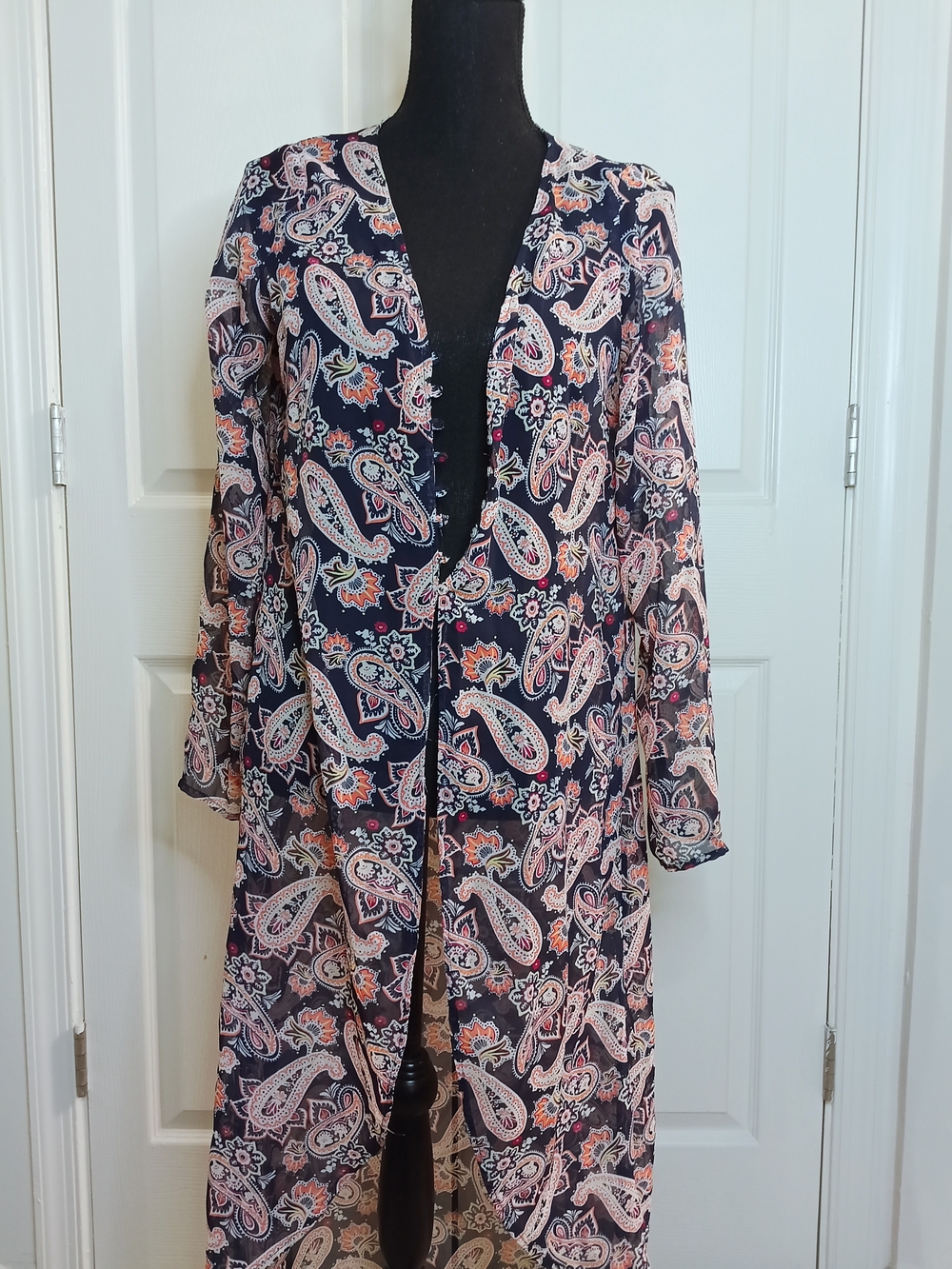 Charlotte Russe Navy Paisley Long Cardigan with Coral Accents
